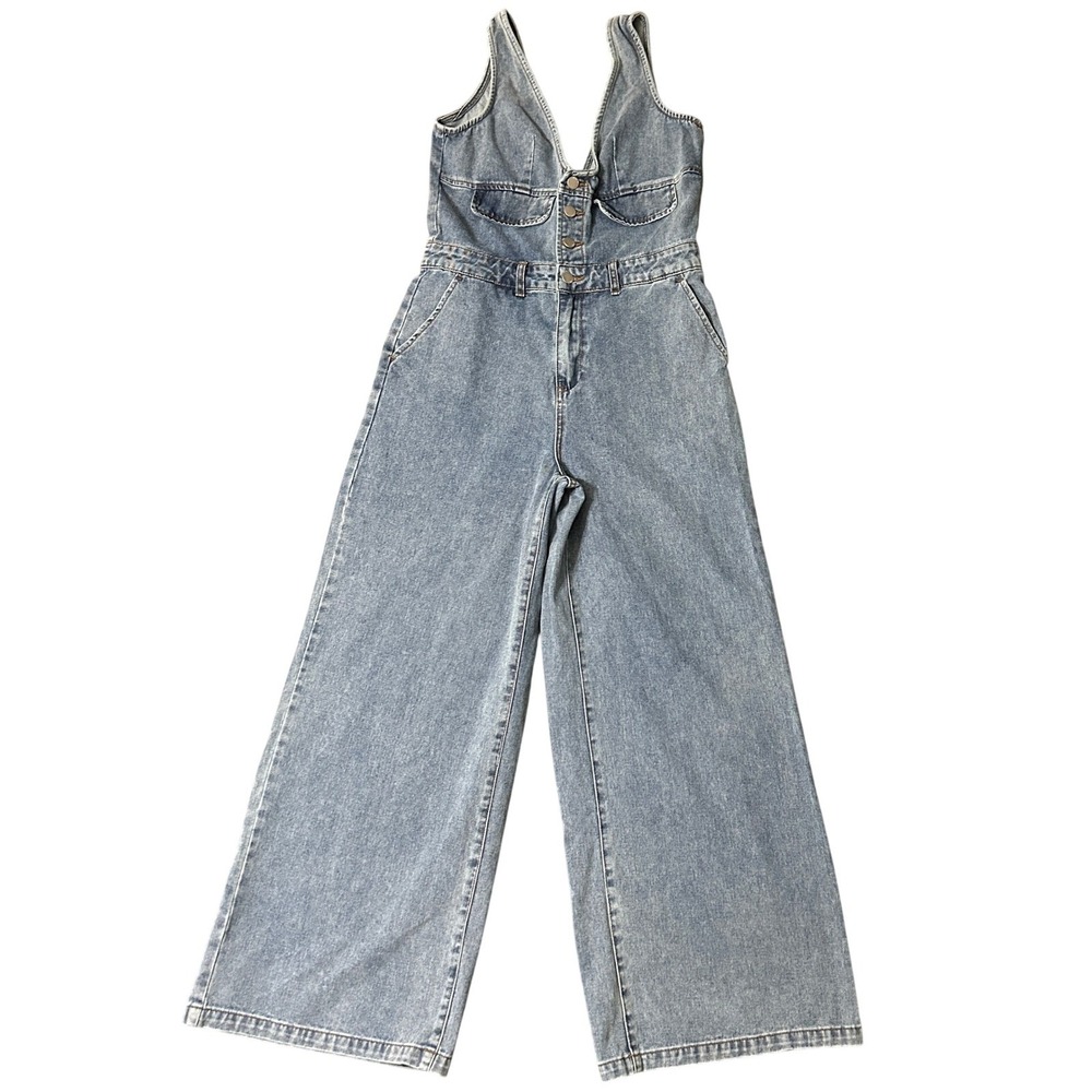 Cider Wide Leg Denim Jumpsuit Womens Medium Light Blue Sleeveless